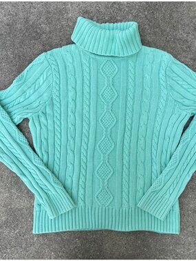 Vintage 90s Jeanne Pierre Turtleneck Sweater M Seafoam Green Cable Knit Cotton